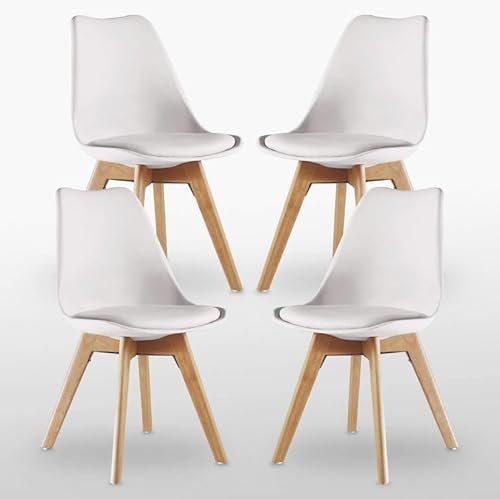 P&N Homewares® Lorenzo Tulip Chair Plastic Wood Retro Dining Chairs White Black Grey Red Yellow Pink Green Blue (SET OF 4) (WHITE)