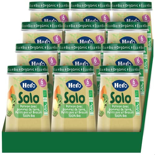 Hero Solo BIO - Petits Pots Potiron, Pomme de Terre, Brocoli et Petit Pois Biologique 100% d'Origine Naturelle, Sans Gluten - pour Bébés Dès 6 Mois - Lot de 12 x 190 g