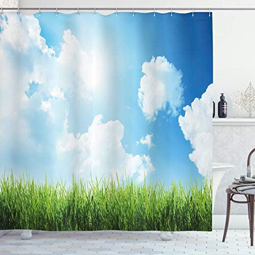 ABAKUHAUS Himmel Duschvorhang, Sunny Day Grass Wolken, Stoffliches Gewebe Badezimmerdekorationsset mit Haken, 175 x 240 cm, Grün Weiß Blau