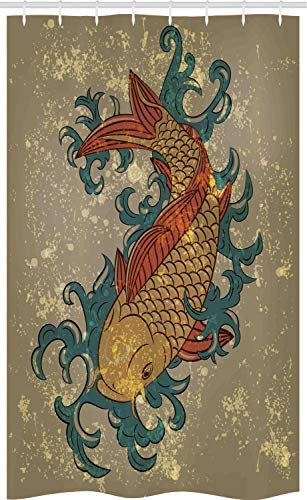ABAKUHAUS japanisch Schmaler Duschvorhang, Asiatische Koi Fisch Art, Badezimmer Deko Set aus Stoff mit Haken, 120 x 180 cm, Blasses Sepia