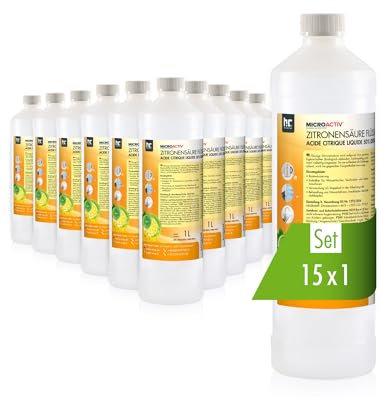 MICROACTIV Zitronensäure flüssig 15x1L - Kraftvoller Entkalker für Kaffeevollautomat, Wasserkocher & Dusche - Biologisch abbaubar - Ideal im Haushalt