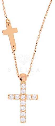 Stella-Jewellery Halskette mit Zirkonia Kreuz Anhänger 585 Rotgold Kreuzkette feine Panzer Kette