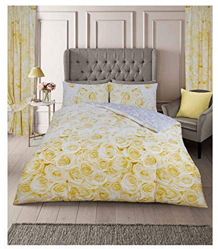 FAIRWAYUK Yellow Bedding Set, Rose Duvet Covers King Size Beds with Pillowcase, Ultra Soft Reversible Quilt Covers Easy Care, Button Closure, 230x220cm