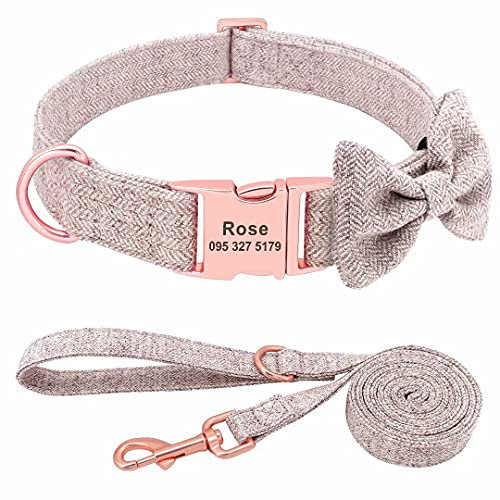 PET ARTIST Personalized Girl Dog Collars with Detachable Bowtie - Soft & Comfy Cute Dog Collar and Leash Set with Rose Gold Buckle - Adjustable Bowtie Collars for Small Medium Large Dogs,Brown,M