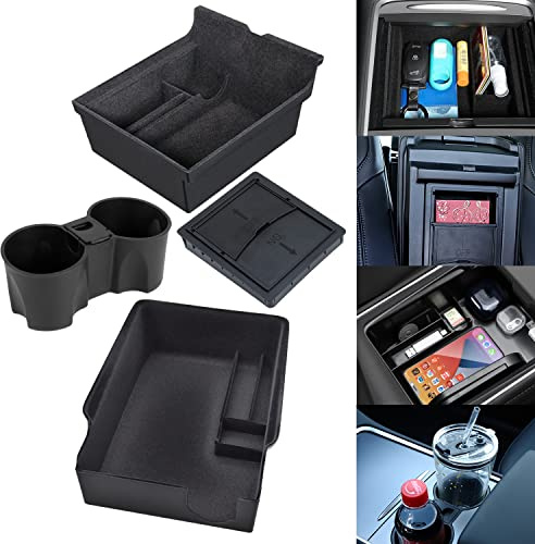 Center Console Organizer Tray Cup Holder Insert 4PCS Upgrade for 2021 2022 2023 Tesla Model 3 Y Interior Accessories Flocked Organizer Armrest Hidden Cubby Drawer Storage Box ABS Material Custom Fit