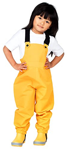 JAN & JUL Boys Girls Rain Pants With Suspenders, Waterproof Overalls (Yellow, 5-6 Years)