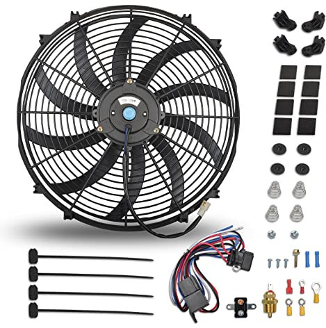 FGJQEFG 16 Inch Black Universal Slim Fan Push Pull Electric Radiator 12V 120W High Performance Cooling Fan with Thermostat Wiring Switch Relay Mount Kit