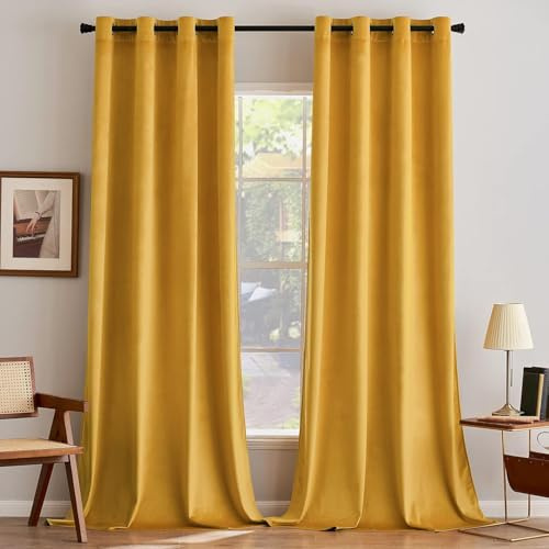 MIULEE Velvet Eyelet Curtains Mustard Yellow 2 Panels 66x90 Room Darkening | Soft Elegant Thick Velvet Window Curtains, Light Blocking Thermal Treatments for Bedroom Living Room Home Decor