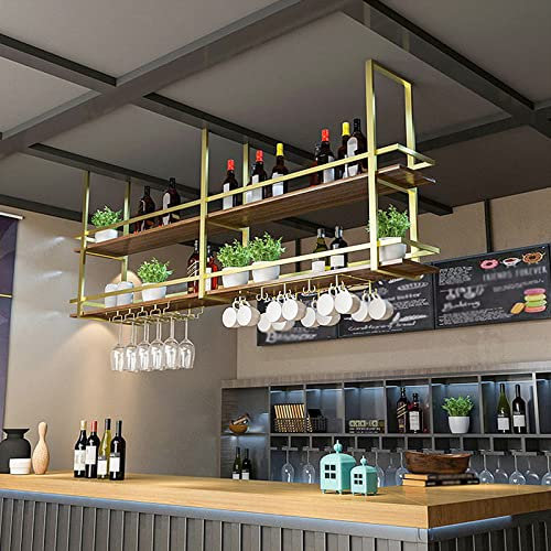 KEPMOGOH Deckenregal Weinregal mit Glashalter, Schwebendes Hängeregal 2-Lagiger Industrieller Hängender Weinflaschenhalter, Gold Metall-Deckenregal für Bar-Café-Küche (Gold, 100×30×80cm)