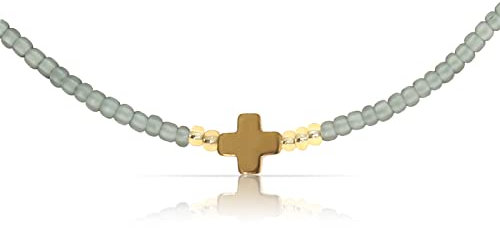 Made by Nami Perlen-Choker Halskette mit Anhänger • Minimalistische Damen Perlen-Kette • Filigranes Mädchen Perlenhalsband • Wasserfest & Verstellbar • Handmade Strand & Surfer-Schmuck (Olive Kreuz)