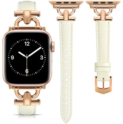 mxiixnai Leather Strap Compatible with Apple Watch Straps 44/45/49/46/42mm Women, Slim Thin Leather Replacement Strap for iWatch Bands Series 10 9 8 7 6 5 4 3 2 1 SE Ultra 2,Milky White/Rose Gold