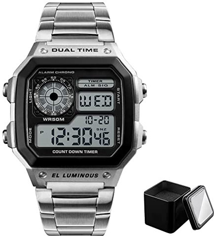 Nicoone Orologi da uomo, alla moda, digitale, cinturino in acciaio inox, impermeabile, elegante orologio da polso con scatola, Argento, Elegante e sportivo (Argento+Box)