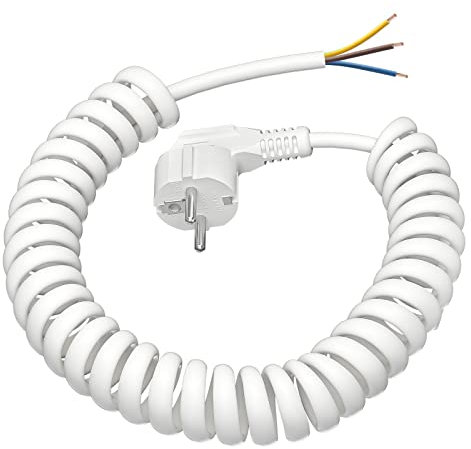 Cavo a spirale, 3 m, cavo a spirale estensibile con contatto di protezione, spina angolare, cavo di collegamento a 3 fili con spina di protezione, cavo di alimentazione IP20 – bianco