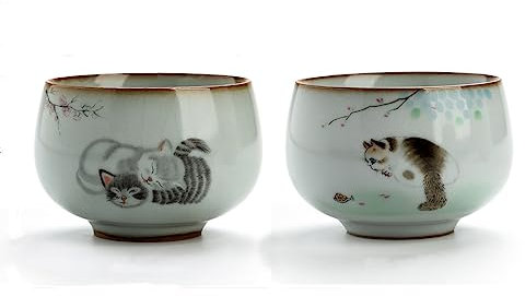 LingXuanGe Master Teacup Lot de 2 tasses à thé chinoises en céramique faites à la main Motif chat Tenmokus