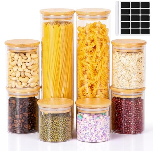 Cinnani Lot de 8 Bocaux en Verre Hermétiques Avec Couvercle en Bambou, Conservation et Rangement Cuisine Pour Épice, Spaghetti, Café, Céréales