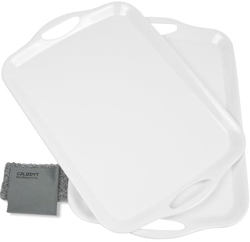 CZLIZDYT Serving Tray with Handles, 17.5’’ x 12’’ Large Rectangular Melamine Serving Platter, Dishwasher Safe Trays for Eating, Set of 2, White