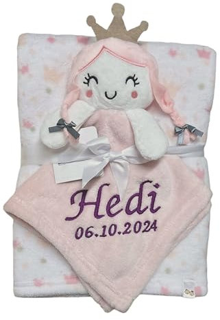 KIDDI-MEDIA Babydecke inklusive Trösterchen mit Name und Geburtsdatum Bestickt/kuschelig weich / 1A Qualität (Prinzessin 1)