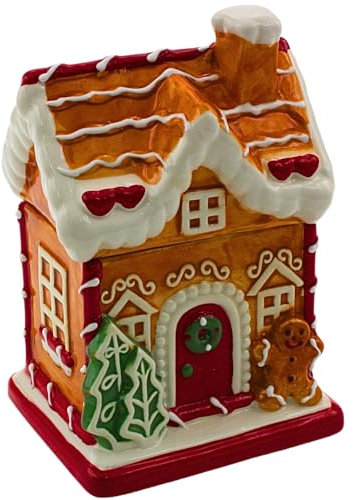 Dekohelden24 Keramikdose, Vorratsdose, Zuckerdose, Weihnachtsdose als Lebkuchenhaus, Größe L/B/H: 13 x 11 x 19 cm