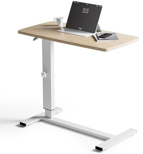 Warmiehomy Overbed Bedside Table with Wheels 67-91cm Adjustable Height Laptop Side Table for Bed & Sofa,Hospital Bed End Table Large Standing Desk for Home Office Bedroom Living Room, White+Maple