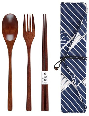 4-Piece Japanese Tableware Set in a Japanese Style Cloth Bag, with 1 Fork, 1 Spoon, 1 Chopstick, Outdoor Travel Tableware, Tableware Bag, Suitable for School, Picnic, Camping.