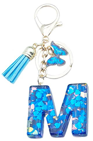 Xsclpomddy Mädchen Alphabet Buchstaben Schlüsselanhänger Niedlich Schlüsselanhänger Glitzer mit Schmetterling Quasten Harz Blau Keychain für Tasche Charme,M