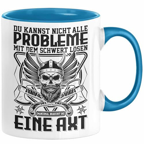 Wikinger Tasse Geschenk Nicht alle Probleme Schwert Lösen Axt Mittelalter Kaffee-Tasse (Blau)