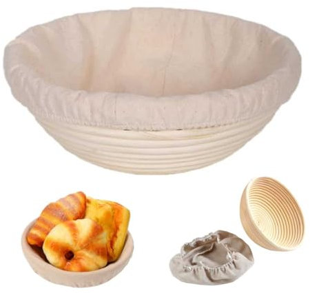 Bread Banneton Proofing Basket Round Natural Rattan Bread Proofing Basket with Cloth Liner Baking Tool Bowl Storage Basket for Bread Crumbs Cookie Dough Snacks Baking Gift for Kitchen (22 * 8cm)