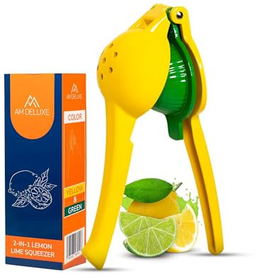 AM DELUXE Lemon Squeezer, 2-in-1 Metal Hand-Juicer for Lemons & Limes, Heavy Duty, Max Juice Extractor, Seed & Pulp Strainer, Dishwasher Safe