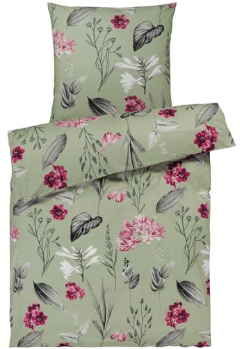 Pure Label Blumen Bettwäsche 135x200 cm mit einem Kissenbezug 80x80 cm - Traumhaft weiches Bettwäsche-Sets 135 x 200 cm in grün aus 100% Baumwolle mit YKK Reißverschluss