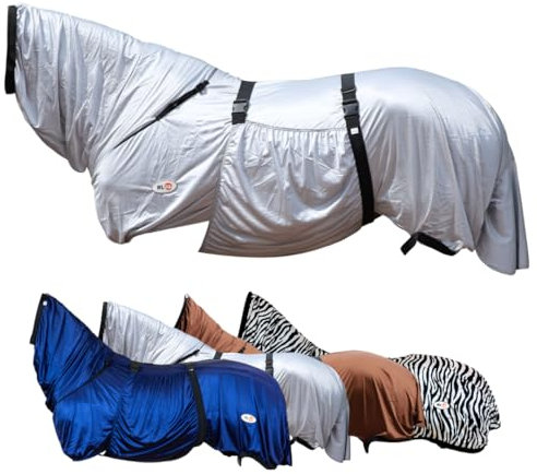 RL24 - Ekzemerdecke mit Halsteil & Bauchlatz – Fliegendecke z. Schutz vor Insekten – feinmaschiges Gewebe, doppelter Frontverschluss & Beinschnüre – Outdoor-Pferdedecke in Silbergrau – 115cm