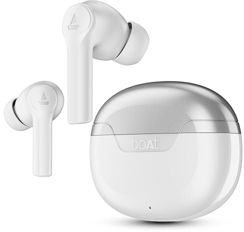 boAt Airdopes 300 TWS In-Ear-Ohrhörer mit 4 Mikrofonen AI-ENx™, räumliches Audio, 50 Stunden Spielzeit, Multipoint-Verbindung, ASAP™ Ladung, Beast™-Modus, Hörgeräte-App-Unterstützung (Chrom-Weiß)