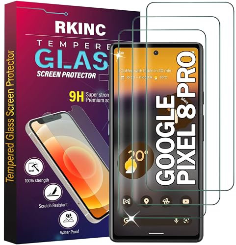 RKINC Protector pantalla [3 Piezas] para Google Pixel 8 Pro, Cristal templado película de vidrio, 9H 0.33 mm [Anti-rasguño][Anti-rotura][Sin burbujas][Garantía de por vida]