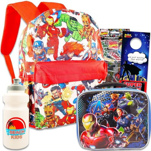 Avengers Ensemble sac à dos et boîte à déjeuner – Ensemble avec sac à dos Avengers de 40,6 cm pour garçons, sac à déjeuner Avengers, bouteille d'eau, autocollants, plus | Sac à dos d'école Avengers,