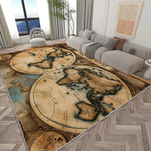 Teppich Wohnzimmer 100 x 160 cm, Retro Weltkarte Streifen Rutschfester Waschbarer Teppich, Verwittert Weicher Läufer Schlafzimmer, Kurzflor Läufer für Wohnzimmer Kinderzimmer