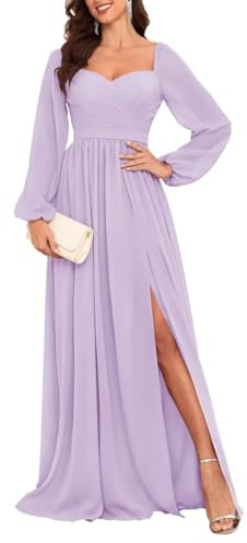 HPPEE Damen Langarm Brautjungfernkleider für Hochzeit Plissiertes A-Linie Chiffon Festliches Kleid mit Schlitz, Flieder, 42