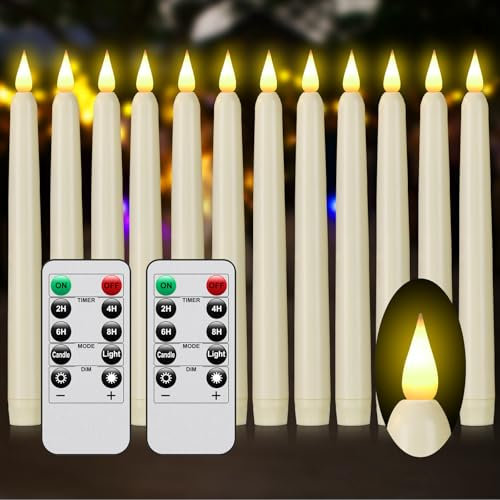 PILLOBOX Led Stabkerzen mit Timerfunktion, 12 Stück Flammenlose Tafelkerzen mit Fernbedienung, 25 cm Kunststoff Elektrische Kerzen für Weihnachten, Hochzeit und Home Decor (Elfenbeinfarben)