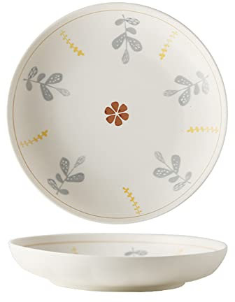 Snowflyk 8 Inches Simple Leaves Pattern Design Ceramic Dinner Plates-Set of 2-Grey&Yellow&White