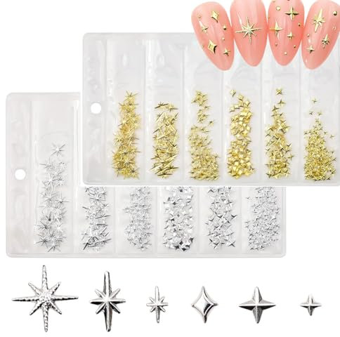 Gold Silber Nagel Schmuck, 750 STK 3D Stern Nagelkunst Dekorations, Glänzende Legierung Nagel Edelsteine Deko für Nageldesign Zubehör (Gold + Silber A)