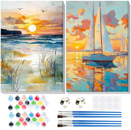 Lxmsja 2 Pack Pintar por Numeros Adultos Paisaje con Marco, DIY Cuadros para Pintar por Números, Pintar con Numeros Adultos Lienzos, Pintura Acrilica Manualidades Decoracion Hogar Pared 20x30cm