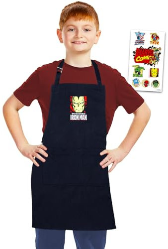 Iron Man Apron for Kids Bundle - Marvel Kitchen Accessories Set with Iron Man Embroidered Apron for Kids, Boys, Girls Plus Stickers | Iron Man Apron, Black, Iron Man Apron, Black, Iron Man Apron