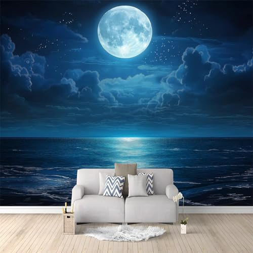 Papier Peint Photo Fantaisie Scène De Nuit Océanique Lune Bleu 400x280 cm Papier Peint Panoramique Papier Peint intissé Murale Pour Chambre De Fille, Garçon, Chambre De Bébé Salon Chambre Décor