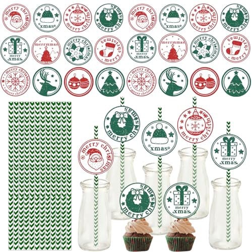 24pcs Christmas Straws Xmas Paper Straws,Christmas Drink Accessories Santa Deer Pattern Cocktail Straws Juice Coffee Cold Drinking Straws for Restaurant Home Bar Christmas Party Drink Decorations