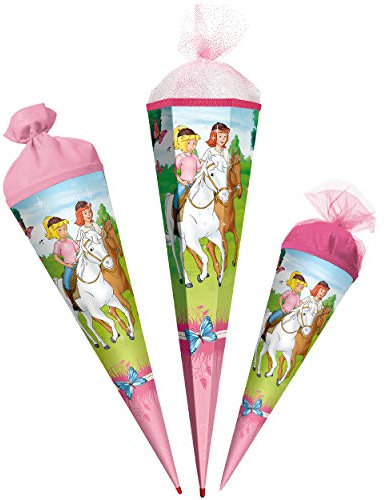 Schultüte - Bibi Blocksberg & Tina - Pferdefreunde - 22-85 cm - Größe wählbar - rund - Tüllabschluß - Zuckertüte - mit/ohne Kunststoff Spitze - Roth - Jun..
