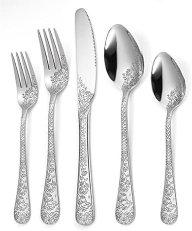 Cutlery Set,Vintage Carving Kitchen Stainless Steel Silverware Tableware Flatware Cutlery Knives Forks Spoons Set Home Steak Knife Dessert Spoon(Silver,5 Pieces)