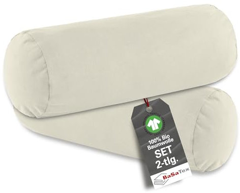 BaSaTex Bio Kissenbezüge für Nackenrolle 40x15 cm im 2er Pack - 97% GOTS-Zertifizierte Baumwolle + 3% Elasthan - Farbe: Natur