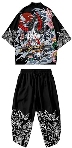 DOSLAVIDA Ensemble de veste kimono japonaise pour homme - Élégant manteau ouvert sur le devant avec short - Style chinois - Cardigan imprimé, noir/blanc, X-Large