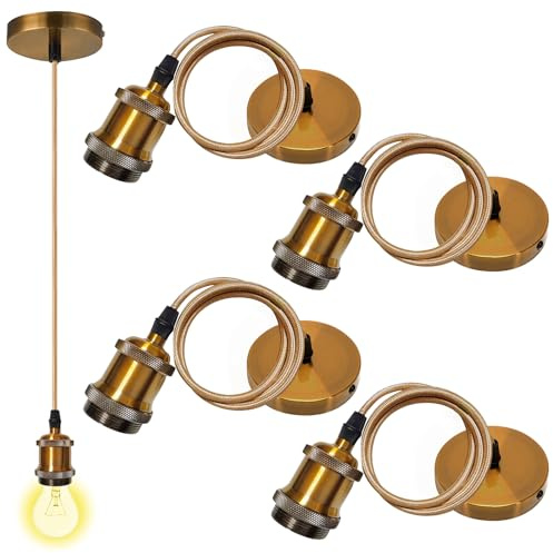 4 Stück Metall Lampenaufhängung E27, E27 Vintage Lampenfassung, 100 Cm Lampenaufhängung Gold, Metall Pendelleuchte Ideal Für DIY Hängelampe Deckenbeleuchtung(Vintage-Gold)