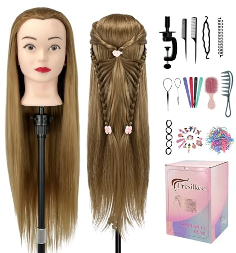 Presilkee 28 Cosmetology Mannequin Head With Hair - Doll Head For Hair Styling | Training Head For Braiding, Cutting & Styling Practice | Includes Free Wig Stand & Hair Tools Set (Golden)
