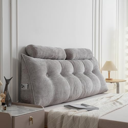 MONDEX Rückenkissen mit Nackenrolle, Lesekissen für Bett und Sofa, Ergonomie Lang Bettkissen Rückenlehne, Groß Keilkissen Rückenstützkissen mit Seitentaschen, Abnehmbar & Waschbar Bezug,Grau,200cm
