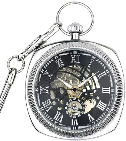 TruClothing Mechanical Skeleton Open Face Square Pocket Watch with Chain - Silver One Size